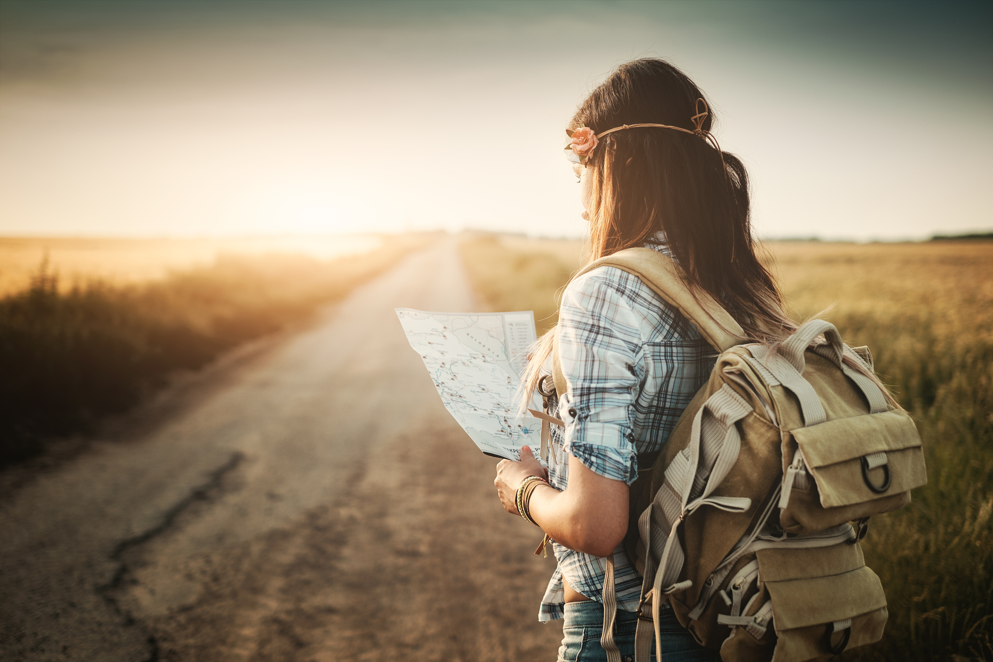 Attractive Backpacker Girl Looking Map